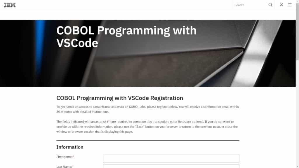 COBOL Programming with VSCode Registration Page to get a Mainframe access