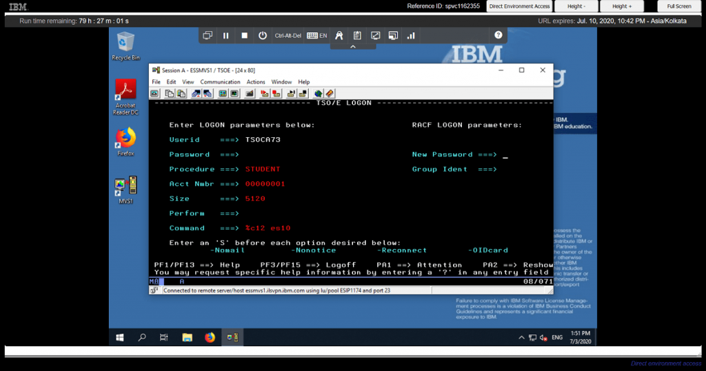 Enter your TSO userid and password to login to the mainframe