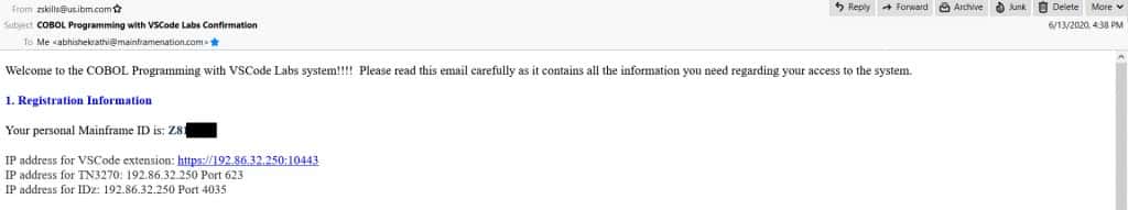 MY userid and password details for the COBOL Programming with VSCode course. IP address and other system details for the Mainframe access are also provided.