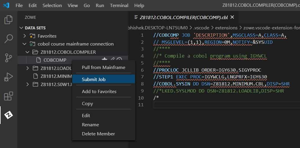 Submit JOB by right clicking on the JCL dataset and then select 'Submit Job'