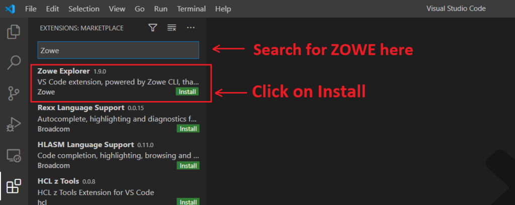 Search and install ZOWE